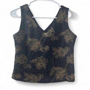 Tommy Bahama Elegant Black with Gold Embroidered Floral Women's Tank Top size 4